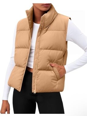 Women's Puffer Vest - Tan Sleeveless Jacket